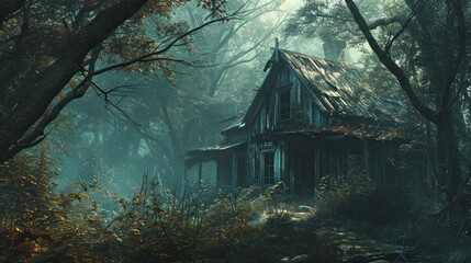 A dilapidated house is nestled in a dense forest, with fog surrounding the area. The house has a broken roof and appears to be old and abandoned. - obrazy, fototapety, plakaty