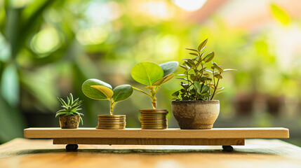 Balanced Abundance: Illustration of Coin Stacks Perched on a Wooden Board, Balanced by a Scale, Surrounded by Sprouting Plant Shoots