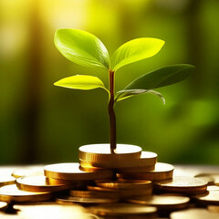 Fototapeta na wymiar A tree grows on a pile of gold coins. Investment ideas and business growth