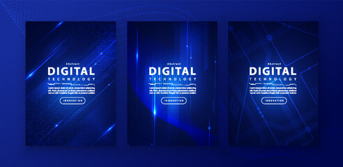 Poster brochure cover banner presentation layout template, technology digital futuristic internet network connection blue background, abstract cyber future tech communication, Ai big data science 3d