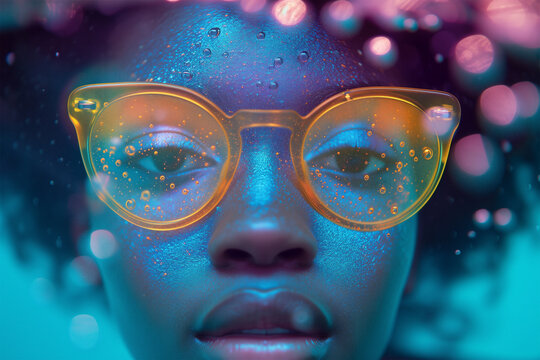 Close-up portrait of person with colorful glasses and water droplets Generative AI image