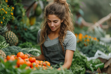 Young woman selecting fresh produce at a farmers market Generative AI image