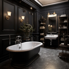 Luxury bathroom interior in dark shades, bathtub, mirror, washbasin