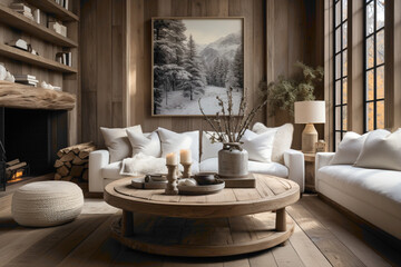 A warm, well-lit living room with a round wood coffee table placed against a pristine white sofa near a wall adorned with shelves and four elegantly framed pictures.