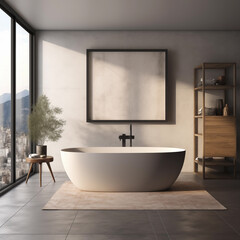 Fototapeta na wymiar Bright bathroom interior with white bathtub, minimalism