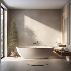 Bright bathroom interior with white bathtub, minimalism