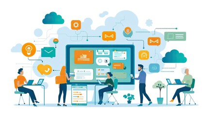 Professionals engage in a collaborative workspace utilizing various digital communication and project management tools.