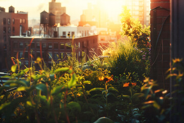 beautiful nostaligic urban rooftop garden in the summertime with flowers and lush greenery