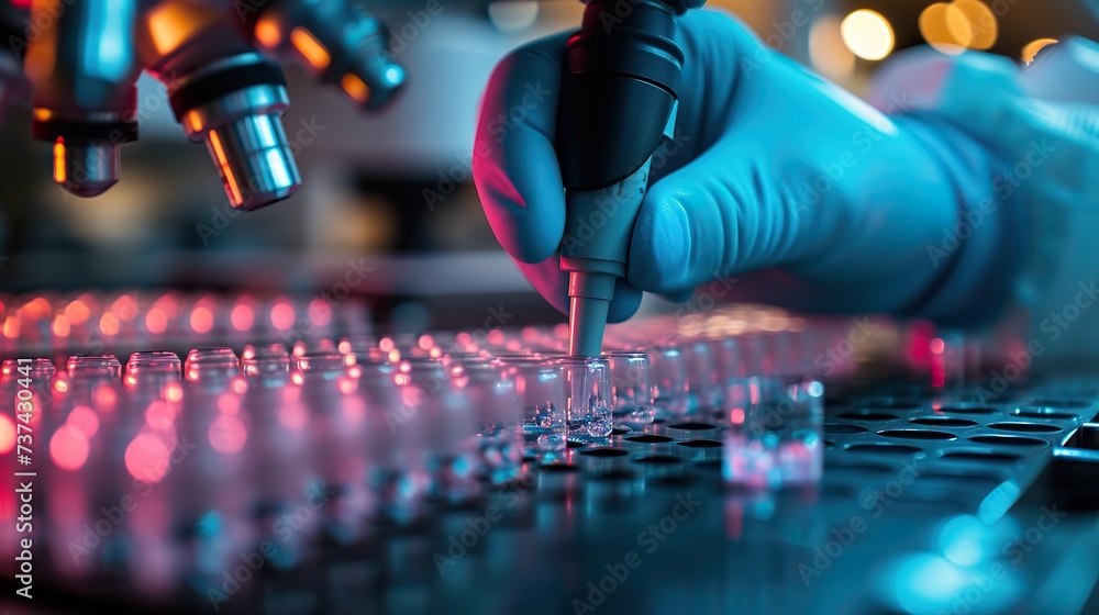 Poster a lab technician with blue gloves pipettes a precise amount of liquid into test vials under microsco