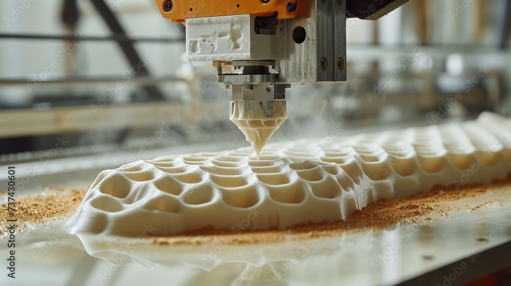 Poster a close-up view of a 3d printer producing intricate patterns with a material resembling white plasti