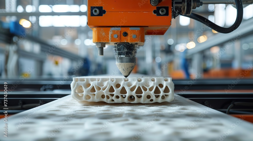 Poster close-up of a 3d printer in action, intricately fabricating a detailed white component in a high-tec
