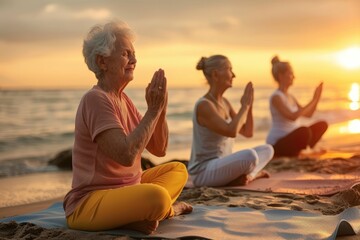 Elderly people doing yoga on the beach, on the seashore