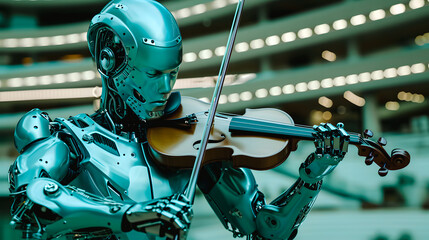 Robot androïde jouant du violon - obrazy, fototapety, plakaty