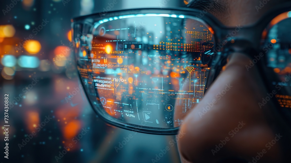 Poster close-up view of a person wearing smart glasses with an intricate augmented reality interface, amids