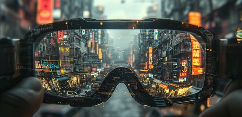 Hands holding up advanced augmented reality glasses with a high-tech data interface imposed on an urban street scene. - obrazy, fototapety, plakaty
