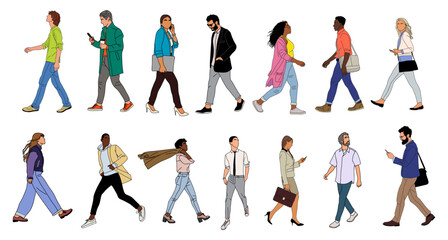 Diverse business people walking. Modern men, women different ethnicities, ages, body types in smart casual and formal office outfits with phone, briefcase, bags. Vector on transparent background.