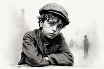 Pencil style drawing of sad Victorian era boy. Generative AI image.