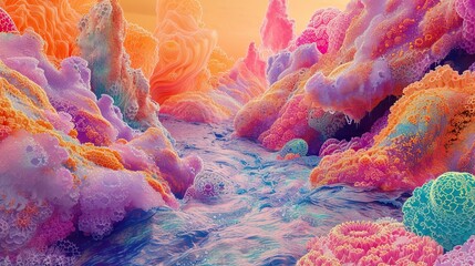 A dreamlike digital landscape of fractal coral structures in pastel colors, blending fantasy with an oceanic theme.