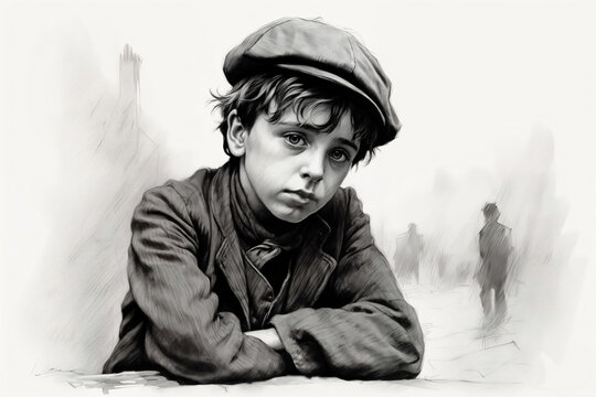 Pencil style drawing of sad Victorian era boy. Generative AI image.