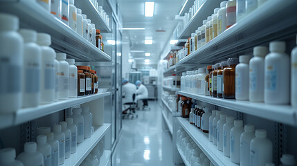 a blurred image of a pharmacy with shelves filled with bottles of medication