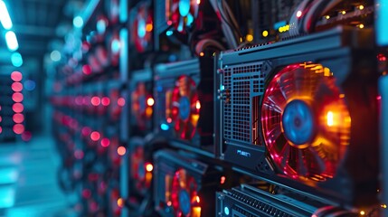 Obraz premium Rows of GPU mining racks with vibrant red lighting operate in a secure data center for cryptocurrency mining.