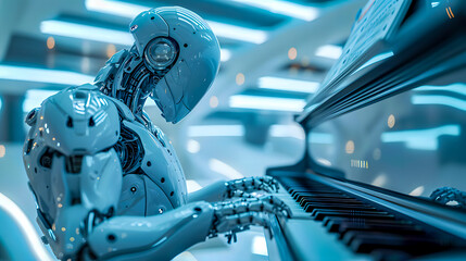 Robot androïde jouant du piano - obrazy, fototapety, plakaty