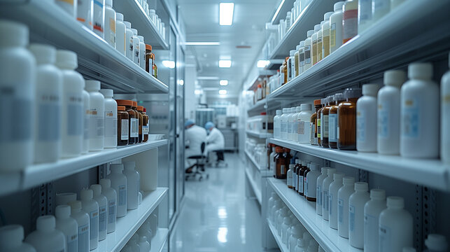 a blurred image of a pharmacy with shelves filled with bottles of medication