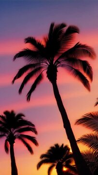 Silhouette of palm tree swaying against vibrant sky. Ideal for tropical themes, travel advertisements, or creating serene atmospheres in videos