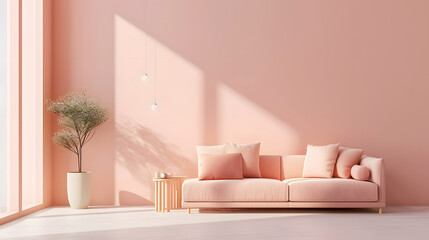 Fototapeta na wymiar Modern Living Room Interior with wide spacious and Soft Peach Fuzz Colour of the Year 2024. Sunlight entering from Window.