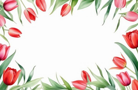 Watercolor border frame with tulips flowers isolated on white background.