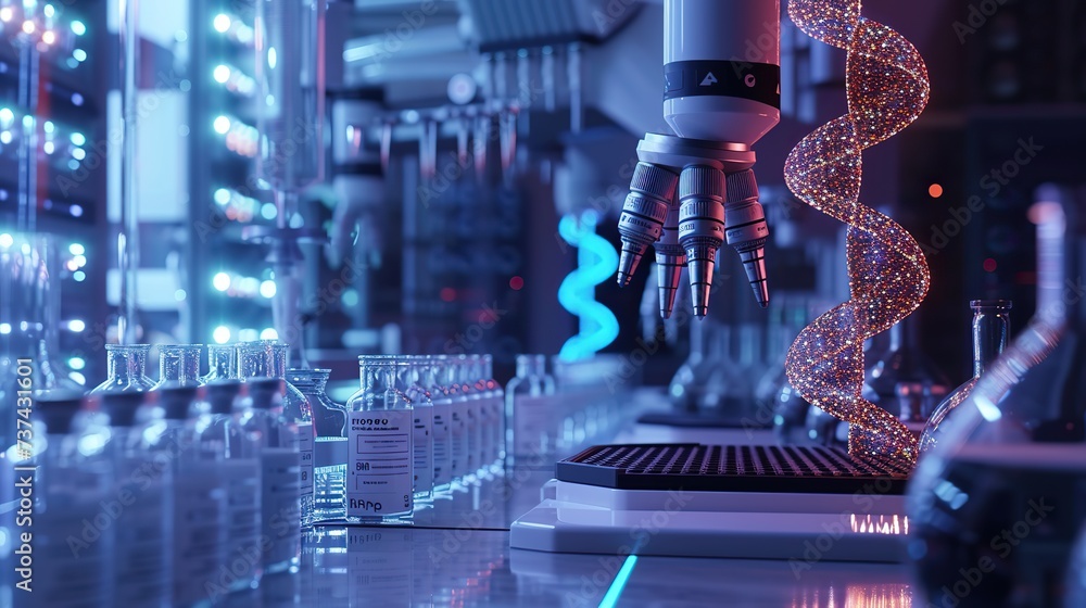 Poster close-up of a microscope with a vibrant dna helix visualization in a contemporary, illuminated labor