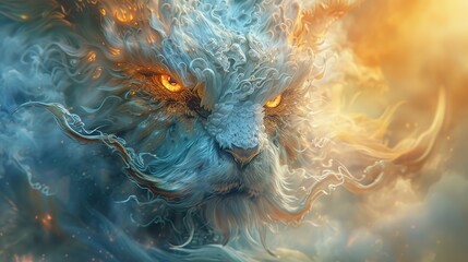 A captivating digital artwork featuring a dragon that embodies the elements of fire and ice, with intense amber eyes.