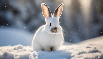 White rabbit sitting on snow, blurred winter landscape on background.