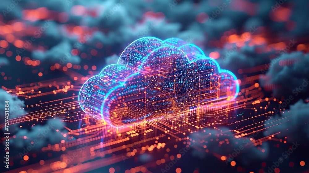 Poster a visually striking concept of cloud networking within digital cyberspace, featuring a glowing, inte
