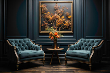 Picture the sophistication of a room adorned with dark blue and grey chairs against a blank canvas.