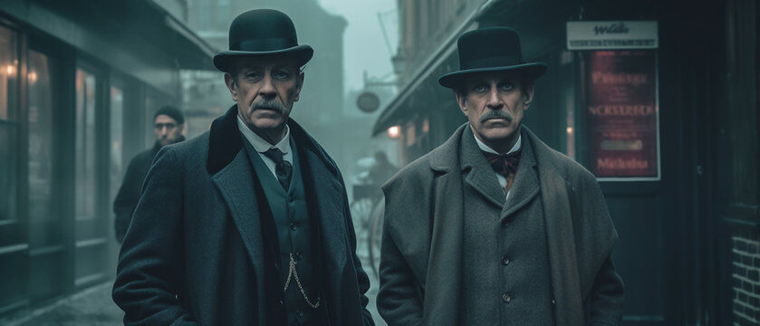 Victorian murder mystery. A team of determined detectives in the fog searching for clues in London. In the style of a panoramic movie still.