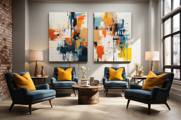 Picture the lively ambiance of a space featuring blue and yellow chairs arranged against a blank wall. Visualize an empty frame.