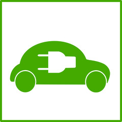 green electric car with plug. Electric car charger place. Recharger battery station for automobile. Friendly alternative energy.