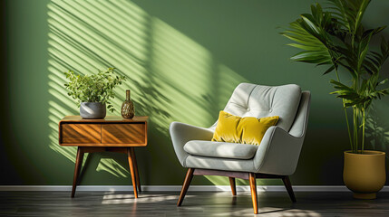 A vibrant corner with a single chair, a table, and a charming plant against a fresh green backdrop, the details captured in high definition, evoking a sense of calm and nature.