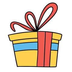 Gift box in doodle style. Outline present box isolated on white background. Hand drawn vector art.
