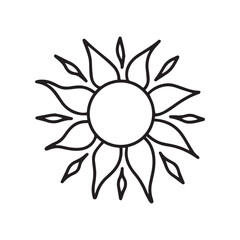 Sun in doodle style. Outline Sun isolated on white background. Hand drawn vector art.