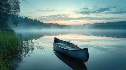 A single canoe rests on the calm waters of a misty lake reflecting the golden sunrise and the surrounding forest. Resplendent. - obrazy, fototapety, plakaty