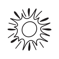 Sun in doodle style. Outline Sun isolated on white background. Hand drawn vector art.