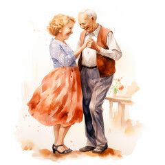 An elderly loving couple dances selflessly, remembering their youth. Watercolor painting on white background.