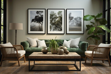 Elevate your home with two sofas in a calming palette of green and charcoal grey, anchored by a wooden table. Envision the sophistication and creative potential.
