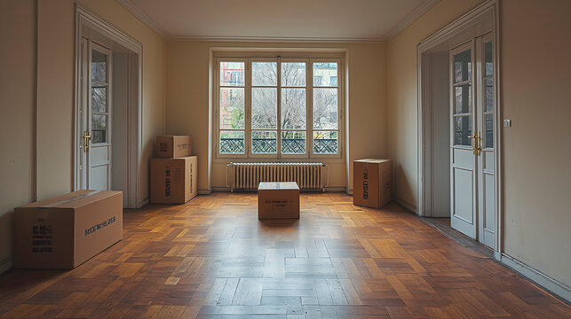 Imagen en la que se puede ver el sal&oacute;n de una casa unifamiliar, con grandes ventanas, sin muebles y con cajas de cart&oacute;n para a mudanza