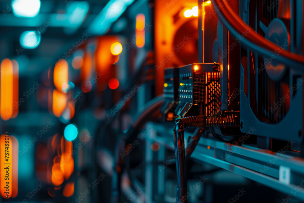 Poster close-up of a cryptocurrency mining rig in a data center. the rig is powerful and efficient, and the