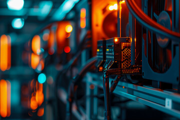 close-up of a cryptocurrency mining rig in a data center. The rig is powerful and efficient, and there are other rigs in the background