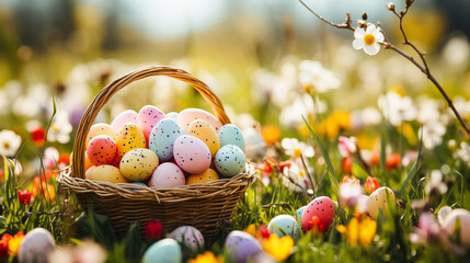 Fototapeta na wymiar Colorful easter eggs in a basket on a spring meadow. Greeting card on an Easter theme. Happy Easter concept.