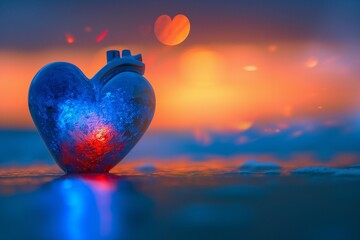 A blue and red heart on fire, set against a blurred backdrop of a vibrant, tropical beach at dawn. - Powered by Adobe